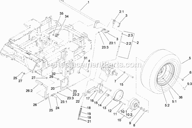 Toro 74264TE (310000001-310999999) Z580-d Z Master, With 132cm Turbo Force Side Discharge Mower, 2010 Main Frame and Rear Wheel Assembly Diagram