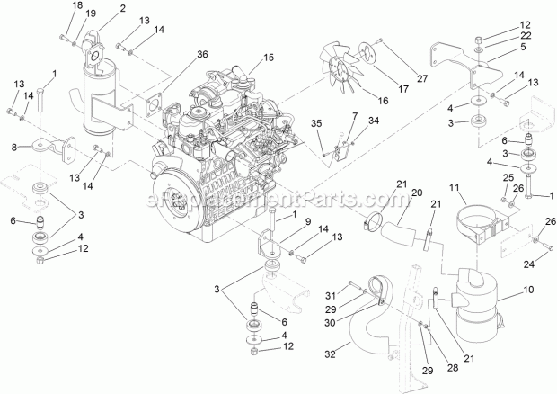 Toro 74264TE (314000001-314999999) Z Master Professional 7000 Series Riding Mower, With 132cm Turbo Force Side Discharge Mower, Engine, Exhaust and Air Intake Assembly Diagram
