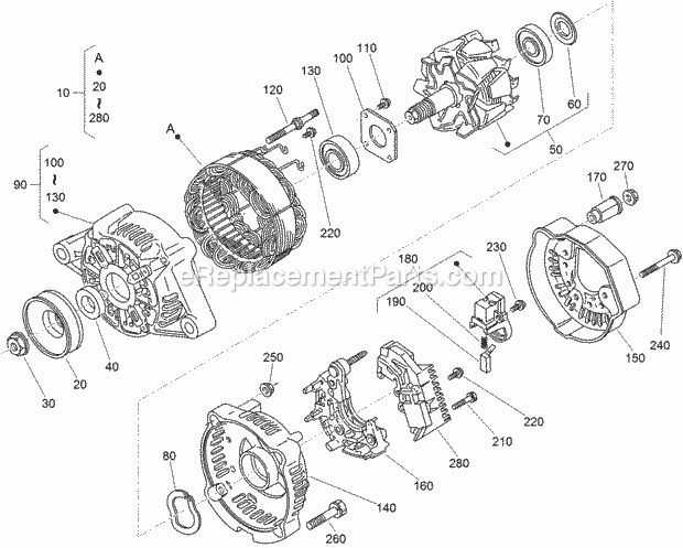 Toro 74264TE (314000001-314999999) Z Master Professional 7000 Series Riding Mower, With 132cm Turbo Force Side Discharge Mower, Alternator Components Assembly Diagram