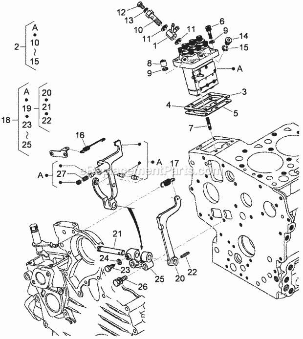 Toro 74265TE (313000001-313999999) Z Master Professional 7000 Series Riding Mower, With 152cm Turbo Force Side Discharge Mower, Injection Pump and Governor Assembly Diagram