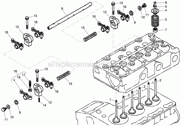 Toro 74265TE (313000001-313999999) Z Master Professional 7000 Series Riding Mower, With 152cm Turbo Force Side Discharge Mower, Valve and Rocker Arm Assembly Diagram