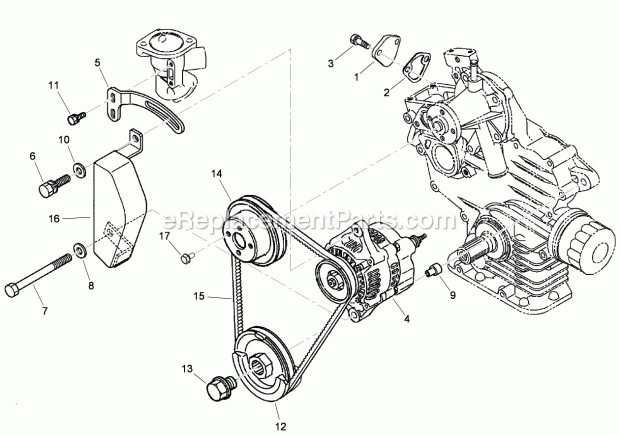 Toro 74266CP (290000001-290999999) Z580-d Z Master, With 52in Turbo Force Side Discharge Mower, 2009 Alternator, Pulley and Fuel Pump Cover Assembly Diagram