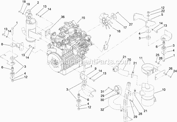 Toro 74266CP (311000001-311999999) Z580-d Z Master, With 52in Turbo Force Side Discharge Mower, 2011 Engine, Exhaust and Air Intake Assembly Diagram