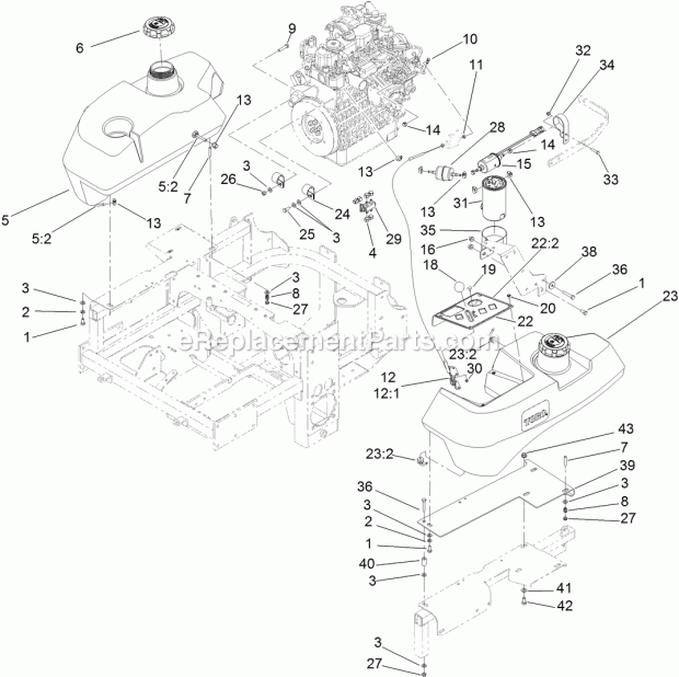 Toro 74266 (312000001-312999999) Z Master Professional 7000 Series Riding Mower, With 52in Turbo Force Side Discharge Mower, 201 Fuel System and Throttle Control Assembly Diagram