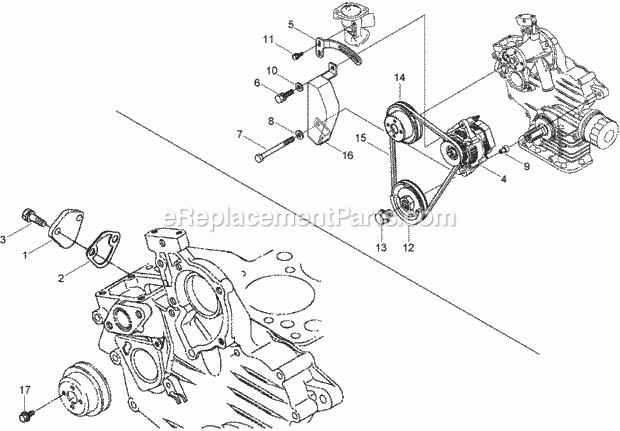 Toro 74267CP (280000001-280999999) Z580-d Z Master, With 60in Turbo Force Side Discharge Mower, 2008 Alternator, Pulley and Fuel Pump Cover Assembly Diagram