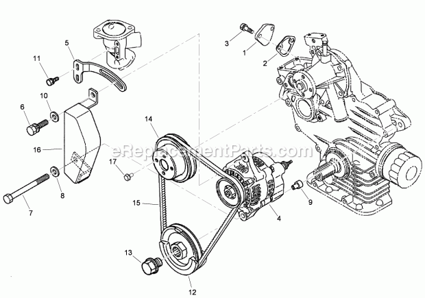 Toro 74267CP (290000001-290999999) Z580-d Z Master, With 60in Turbo Force Side Discharge Mower, 2009 Alternator, Pulley and Fuel Pump Cover Assembly Diagram