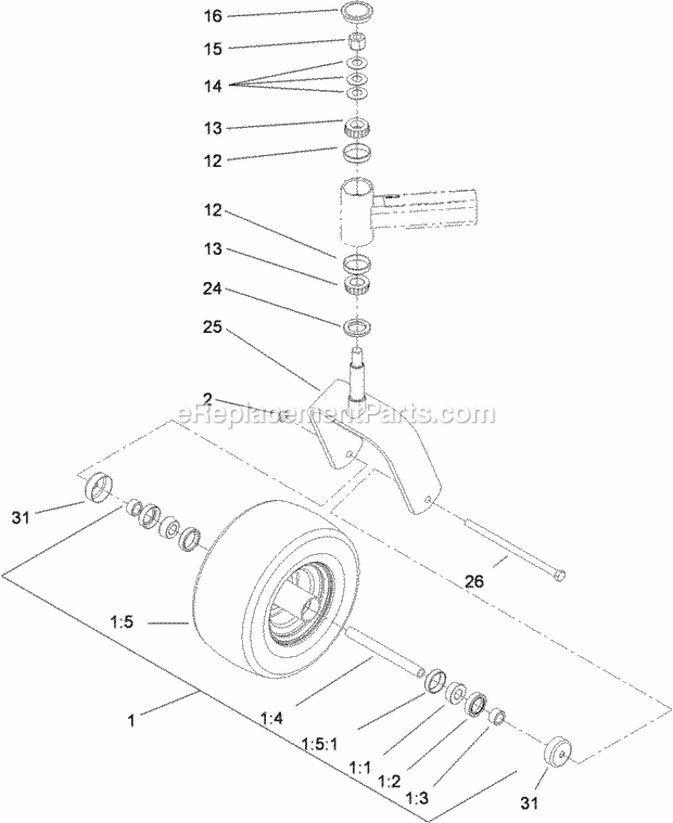 Toro 74267 (312000001-312999999) Z Master Professional 7000 Series Riding Mower, With 60in Turbo Force Side Discharge Mower, 201 Fork and Caster Wheel Assembly Diagram
