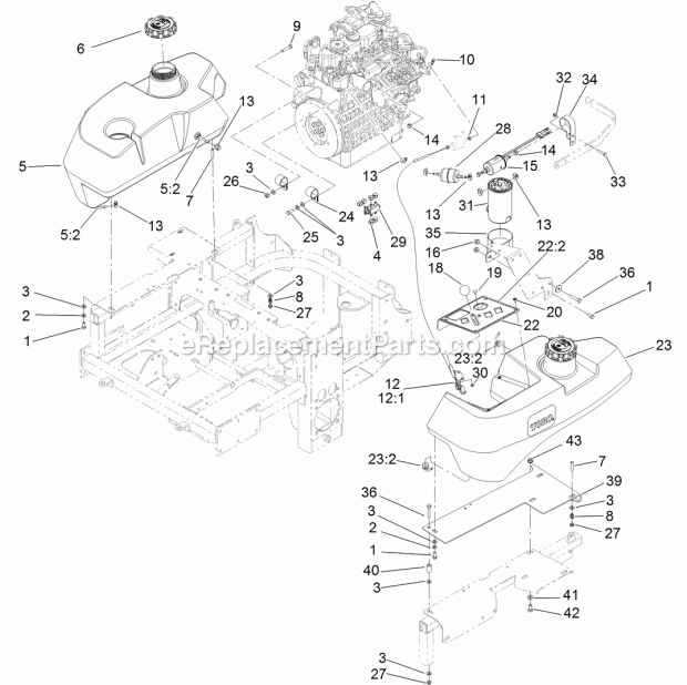 Toro 74267 (313000001-313999999) Z Master Professional 7000 Series Riding Mower, With 60in Turbo Force Side Discharge Mower, 201 Fuel System and Throttle Control Assembly Diagram
