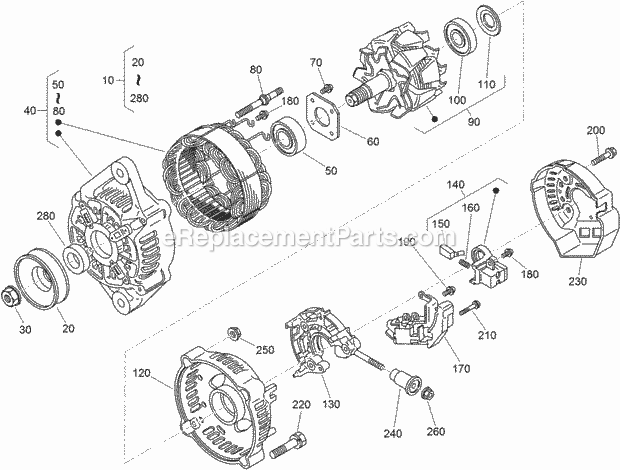 Toro 74267 (316000001-316999999) Z Master Professional 7000 Series Riding Mower, With 60in Turbo Force Side Discharge Mower, 201 Alternator Components Assembly Diagram