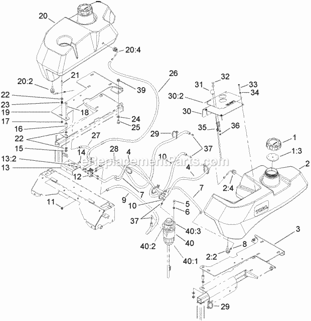 Toro 74268TE (250000001-250999999) Z597-d Z Master, With 152cm Turbo Force Side Discharge Mower, 2005 Tank and Fuel Line Assembly Diagram