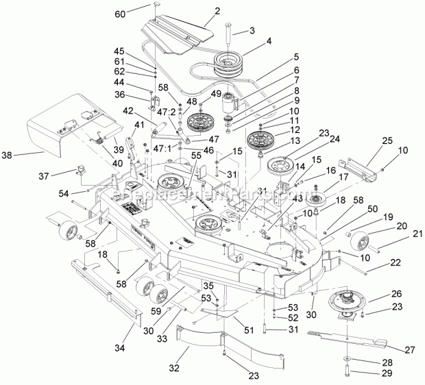 Toro 74268 (270000001-270000300) Z597-d Z Master, With 60in Turbo Force Side Discharge Mower, 2007 Deck Assembly Diagram