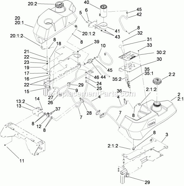 Toro 74268 (290000001-290999999) Z590-d Z Master, With 60in Turbo Force Side Discharge Mower, 2009 Tank and Fuel Line Assembly Diagram