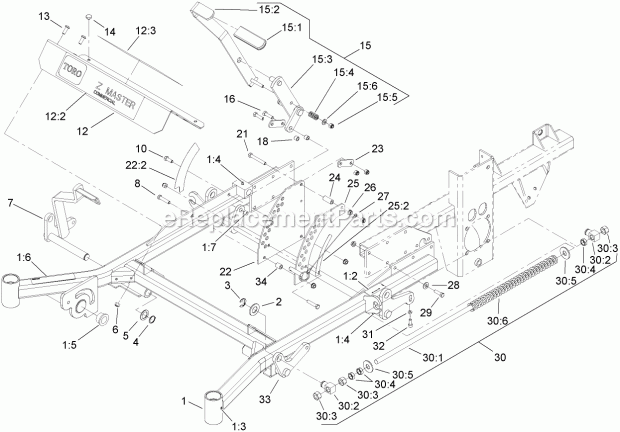 Toro 74269 (280000001-280999999) Z590-d Z Master, With 72in Turbo Force Side Discharge Mower, 2008 Front Frame Assembly Diagram