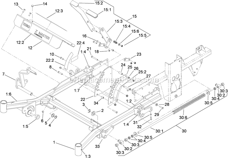 Toro 74269 (311000001-311999999)(2011) Z590-D Z Master, With 72in Turbo Force Side Discharge Mower Front Frame Assembly Diagram