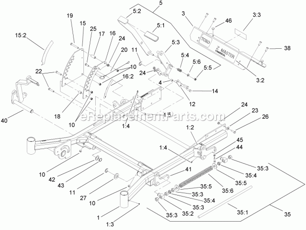 Toro 74271 (280000001-280999999) Z550 Z Master, With 52in Turbo Force Side Discharge Mower, 2008 Front Frame Assembly Diagram
