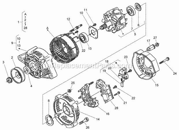 Toro 74274 (270000001-270999999) Z595-d Z Master, With 72in Turbo Force Side Discharge Mower, 2007 Alternator Assembly Diagram