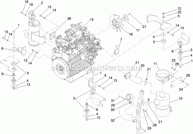 Toro 74274 (312000001-312999999) Z Master Professional 7000 Series Riding Mower, With 72in Turbo Force Side Discharge Mower, 201 Engine, Exhaust and Air Intake Assembly Diagram