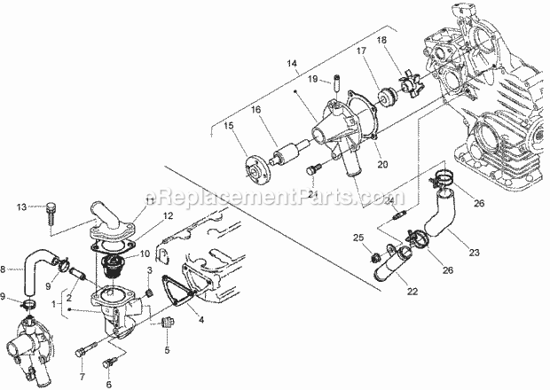 Toro 74279TE (270000001-270999999) Z593-d Z Master, With 52 Rear Discharge Mower, 2007 Water Flange, Pump, Pipe and Thermostat Assembly Diagram