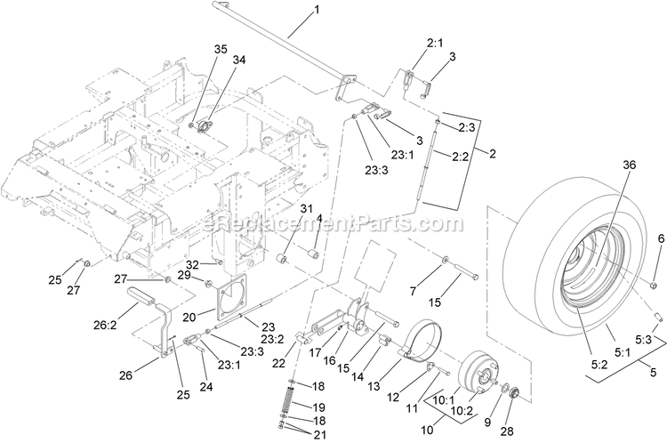 Toro 74279TE (313000001-313999999)(2013) Z Master Professional 7000 Series , With 52in Rear Discharge Mower Riding Mower Main Frame And Rear Wheel Assembly Diagram