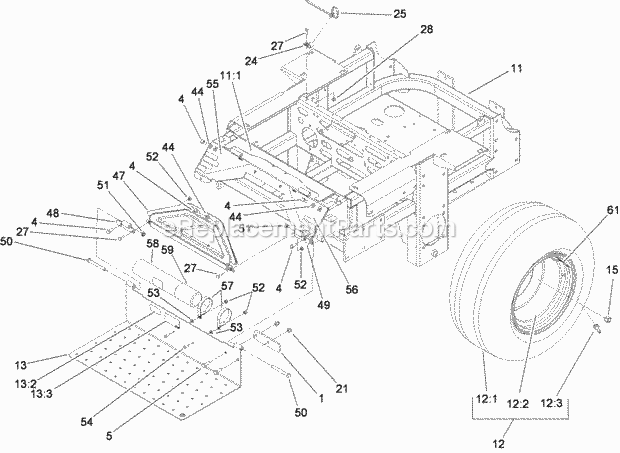 Toro 74282 (280000001-280999999) Z550 Z Master, With 52in Turbo Force Side Discharge Mower, 2008 Main Frame and Rear Wheel Assembly Diagram