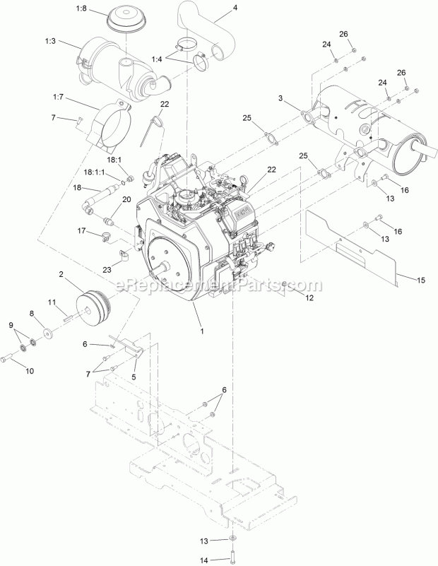 Toro 74310 (314000001-314999999) Z Master 8000 Series Riding Mower, With 42in Direct-collect Cutting Unit, 2014 Engine, Muffler and Air Cleaner Assembly Diagram