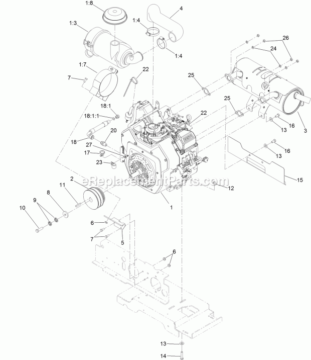 Toro 74311TE (400000000-999999999) Z Master 8000 Series Riding Mower, With 122cm Cutting Unit, 2017 Engine, Muffler and Air Cleaner Assembly Diagram