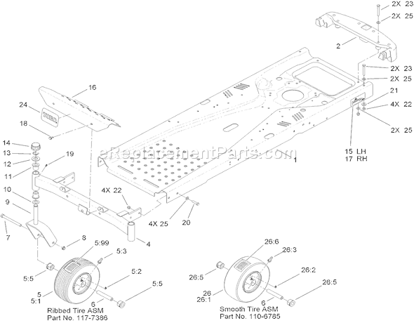 Toro 74366 (310000001-310999999)(2010) Lawn Tractor Frame and Caster Wheel Assembly Diagram