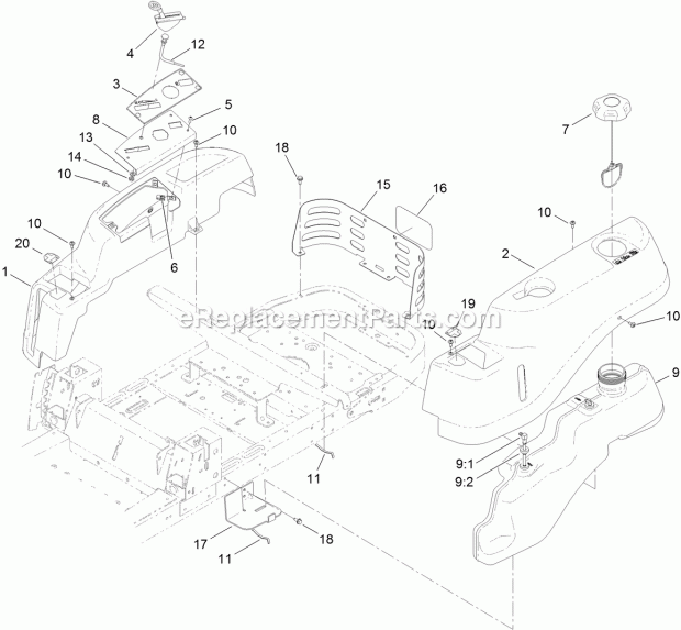 Toro 74386 (313000001-313999999) Timecutter Zs 4200 Riding Mower, 2013 Body Styling and Fuel Pod Assembly Diagram