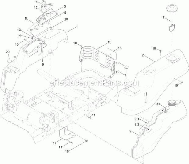 Toro 74395 (314000001-314999999) Timecutter Zs 5000tf Riding Mower, 2014 Body Styling and Fuel Pod Assembly Diagram