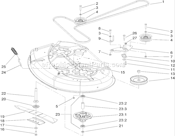 Toro 74402 (250000001-250999999)(2005) Lawn Tractor 38 Inch Deck Spindle and Belt Drive Assembly Diagram