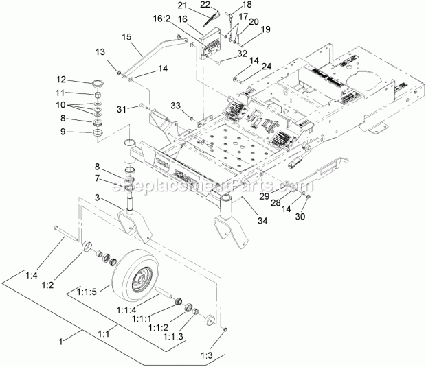 Toro 74408TE (270000701-270999999) Z334 Z Master, With 86cm 7-gauge Side Discharge Mower, 2007 Caster and Height-Of-Cut Assembly Diagram