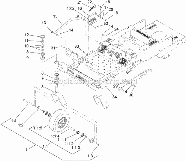 Toro 74409 (280000001-280999999) Z300 Z Master, With 40in 7-gauge Side Discharge Mower, 2008 Caster Wheel and Height-Of-Cut Assembly Diagram