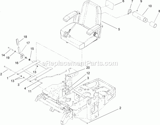 Toro 74411 (250000001-250999999) Z149 Z Master, With 44in Sfs Side Discharge Mower, 2005 Seat and Bracket Assembly Diagram