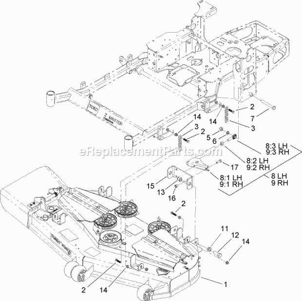 Toro 74416TE (250005001-250999999) Z453 Z Master, With 132cm Turbo Force Side Discharge Mower, 2005 Deck Connection Assembly Diagram