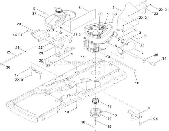 Toro 74433 (290000001-290999999)(2009) Lawn Tractor Engine, Muffler and Clutch Assembly Diagram