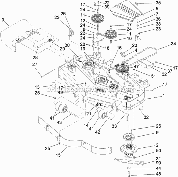 Toro 74448 (290000001-290999999) Z400 Z Master, With 48in 7-gauge Side Discharge Mower, 2009 Deck Assembly Diagram
