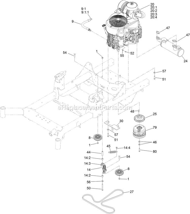 Toro 74497 (400000000-999999999) Z Master Professional 2000 Series Myride 60in Special Edition Riding Mower Engine, Clutch And Muffler Assembly Diagram