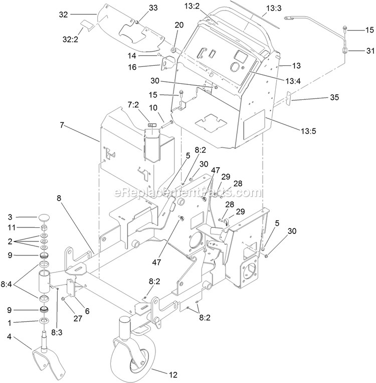Toro 74536 (313000001-313999999)(2013) With 40in Turbo Force Cutting Unit GrandStand Mower Main Frame Assembly Diagram
