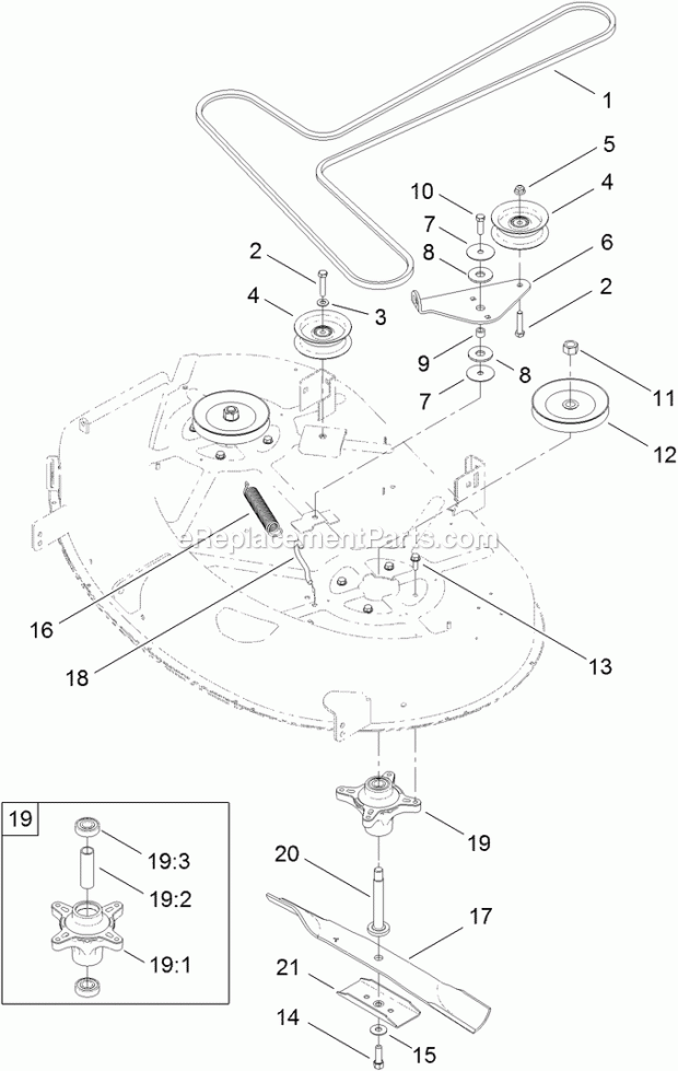 Toro 74624 (311000001-311999999) Timecutter Ss 4235 Riding Mower, 2011 42 Inch Deck Belt, Spindle and Blade Assembly Diagram