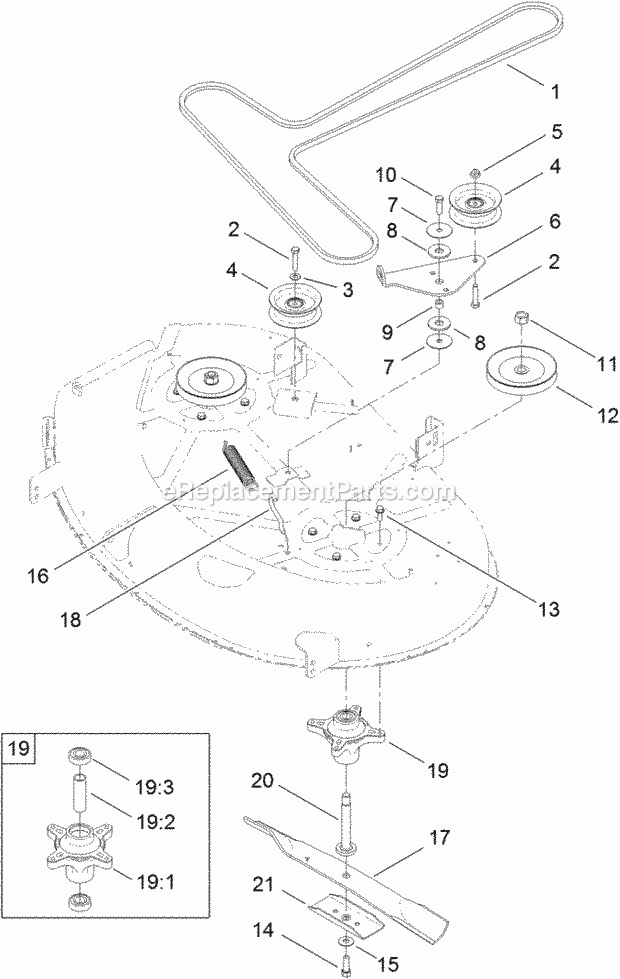 Toro 74626 (311000001 - 311999999) TimeCutter SS 4260 Riding Mower 42_Inch_Deck_Belt_Spindle_And_Blade_Assembly Diagram