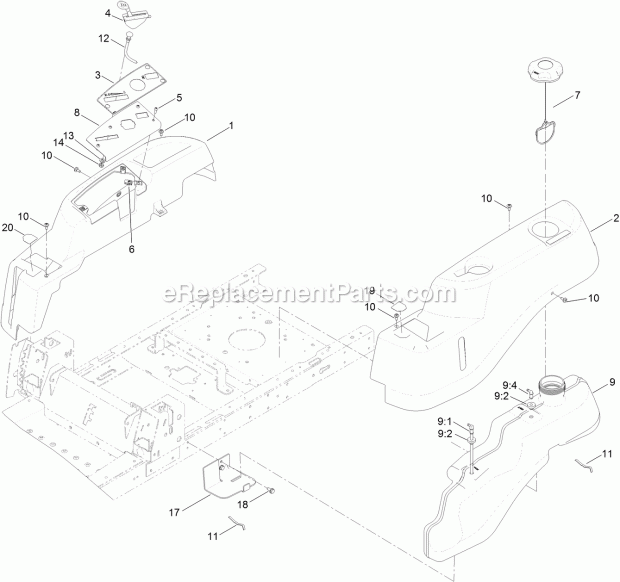 Toro 74657 (316000001-316999999) Timecutter Zs 4200t Riding Mower, 2016 Body Styling and Fuel Tank Assembly Diagram