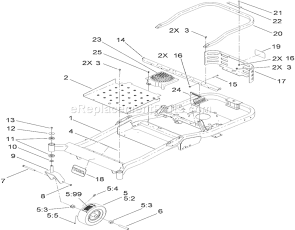 Toro 74820 (290000001-290999999)(2009) Lawn Tractor Main Frame and Front Caster Wheel Assembly Diagram