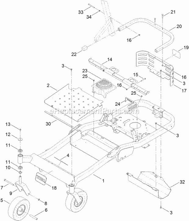 Toro 74872 (312000001-312999999) Titan Mx5480 Zero-turn-radius Riding Mower, 2012 Main Frame and Caster Wheel Assembly Diagram