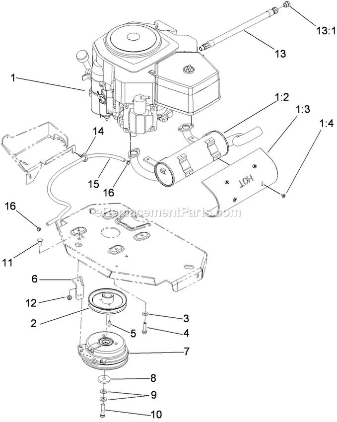 Toro 74901 (290000001-290999999)(2009) Z Master G3 Riding Mower, With 48in Turbo Force Side Discharge Mower Engine, Clutch And Muffler Assembly Diagram
