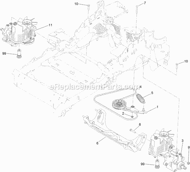 Toro 74901 (314000001-314999999) Z Master Professional 5000 Series Riding Mower, With 48in Turbo Force Side Discharge Mower, 201 Hydraulic Pump, Idler and Belt Assembly Diagram