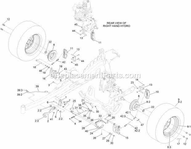 Toro 74904 (400000000-999999999) Z Master Professional 5000 Series Riding Mower, With 48in Turbo Force Side Discharge Mower, 201 Parking Brake and Wheel Assembly Diagram