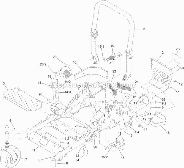 Toro 74906 (314000001-314999999) Z Master Professional 5000 Series Riding Mower, With 52in Turbo Force Side Discharge Mower, 201 Frame and Caster Wheel Assembly Diagram