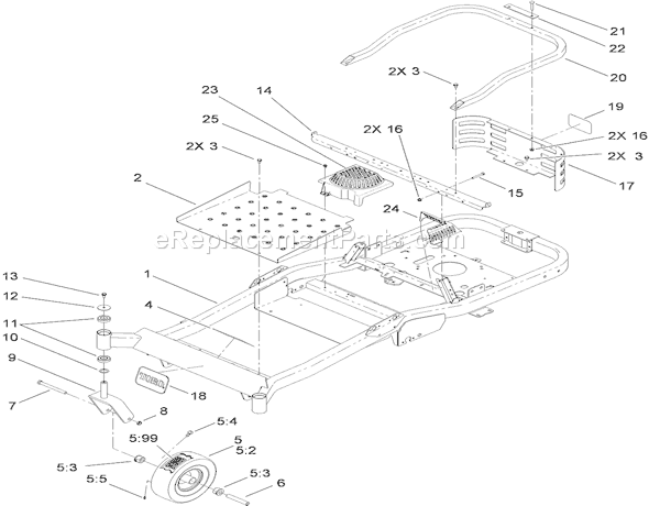 Toro 74912 (310000001-310999999)(2010) Lawn Tractor Main Frame and Front Caster Wheel Assembly Diagram