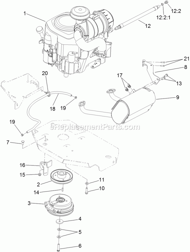Toro 74915 (312000001-312999999) Z Master Professional 5000 Series Riding Mower, With 60in Turbo Force Side Discharge Mower, 201 Engine, Muffler and Clutch Assembly Diagram