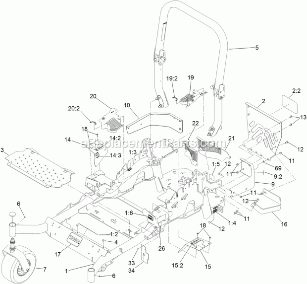 Toro 74916 (312000001-312999999) Z Master Professional 5000 Series Riding Mower, With 72in Turbo Force Side Discharge Mower, 201 Frame and Caster Wheel Assembly Diagram